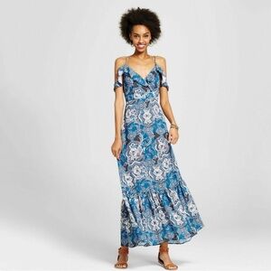 Xhilaration Maxi Dress Peasant Boho Cold Shoulder Fit/Flare Ruffle Hem Sz L